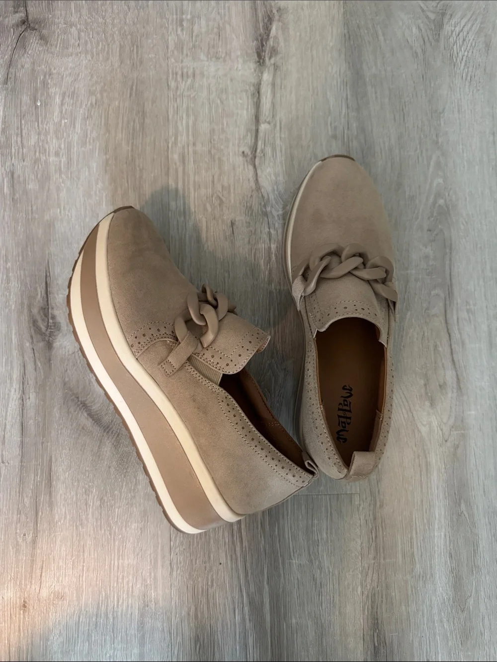 Mad Love Taupe Chain-Trim Slip-On Flats